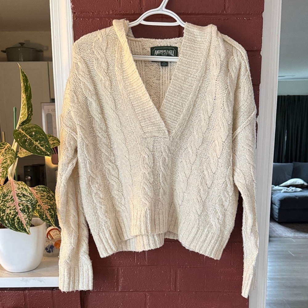 American Eagle Outfitters Cream Cable Knit Oversized V-Neck Hooded Sweater XXS
